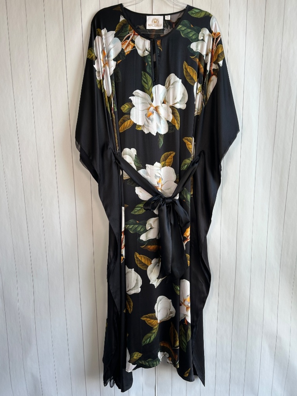 Nicoblu plus size 1X 2X 3X 4X Camellia belted kaftan maxi dress black 100% silk - Picture 6 of 14